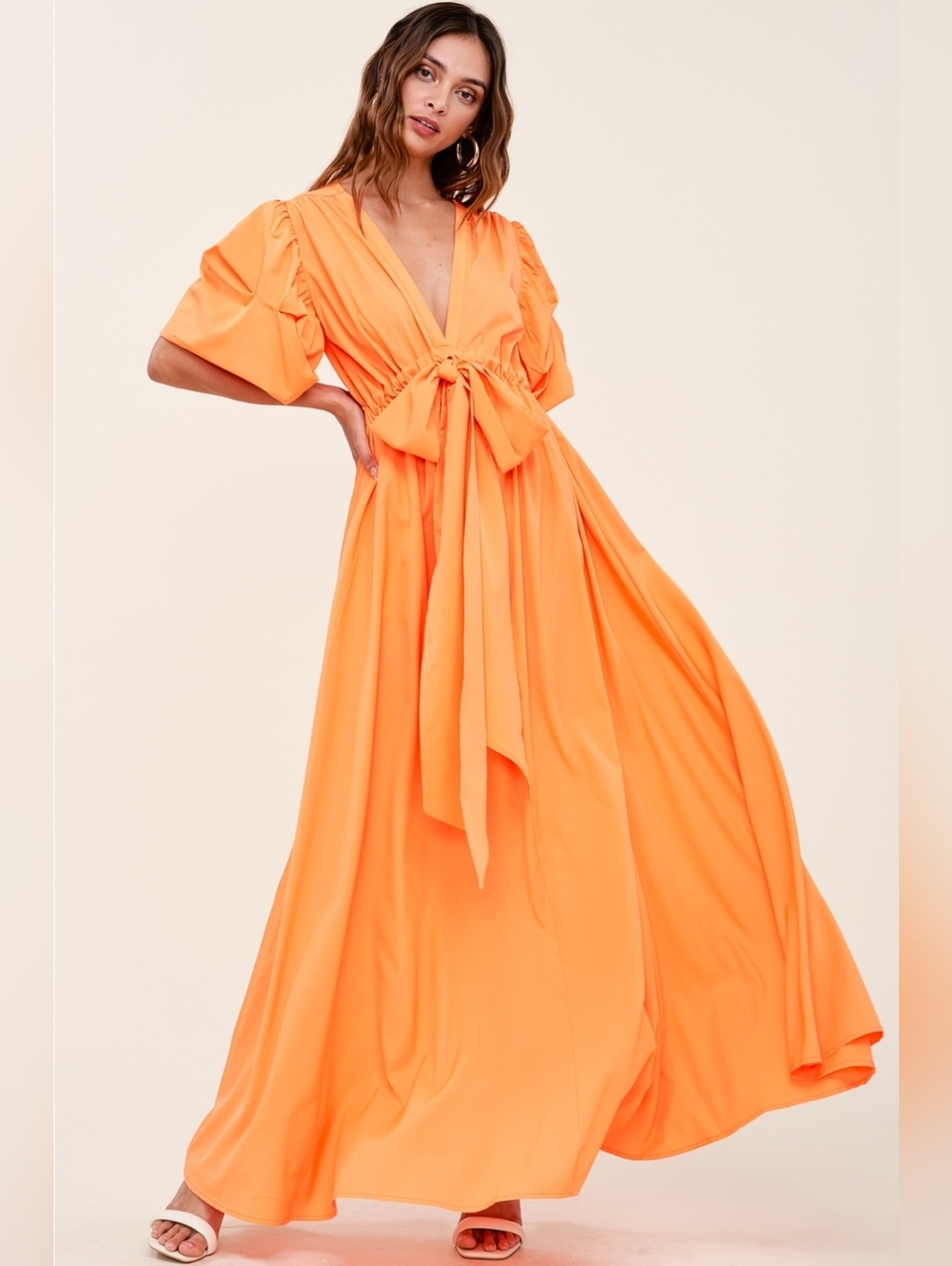 Flowy Orange Tie-Front Pockets Maxi Dress Size EU 44, 12-14, Large/X-large